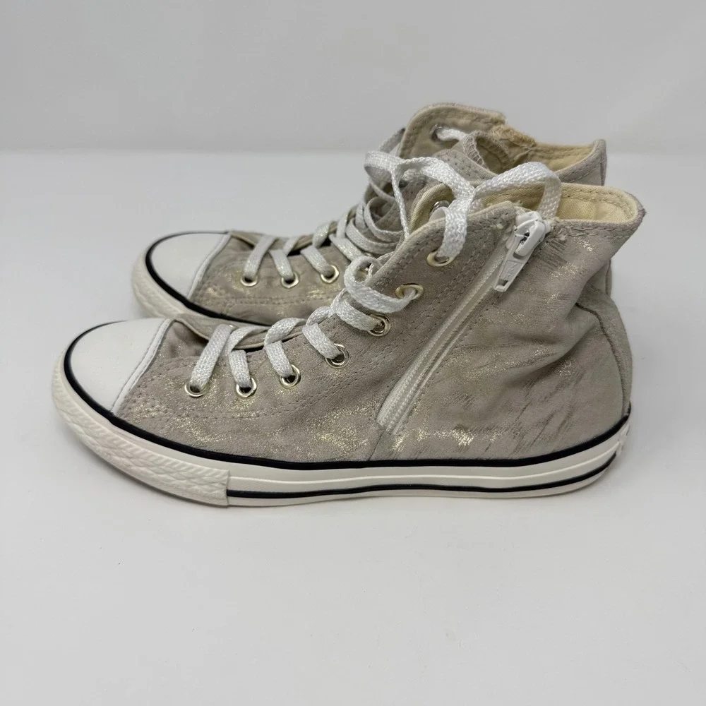 Converse‎ All Star Size 3 Junior Leather Zip High Top Sneakers Beige Gold Youth